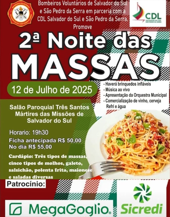 Noite das Massas, em prol dos Bombeiros de Salvador do Sul e São Pedro da Serra, acontece no dia 12 de julho